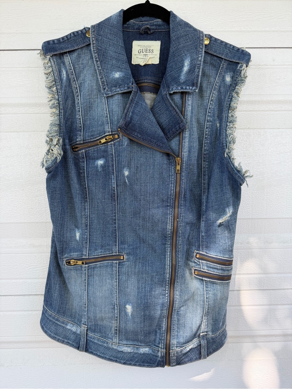 Guess Sleeveless Distressed Denim Moto Vest - Blue
